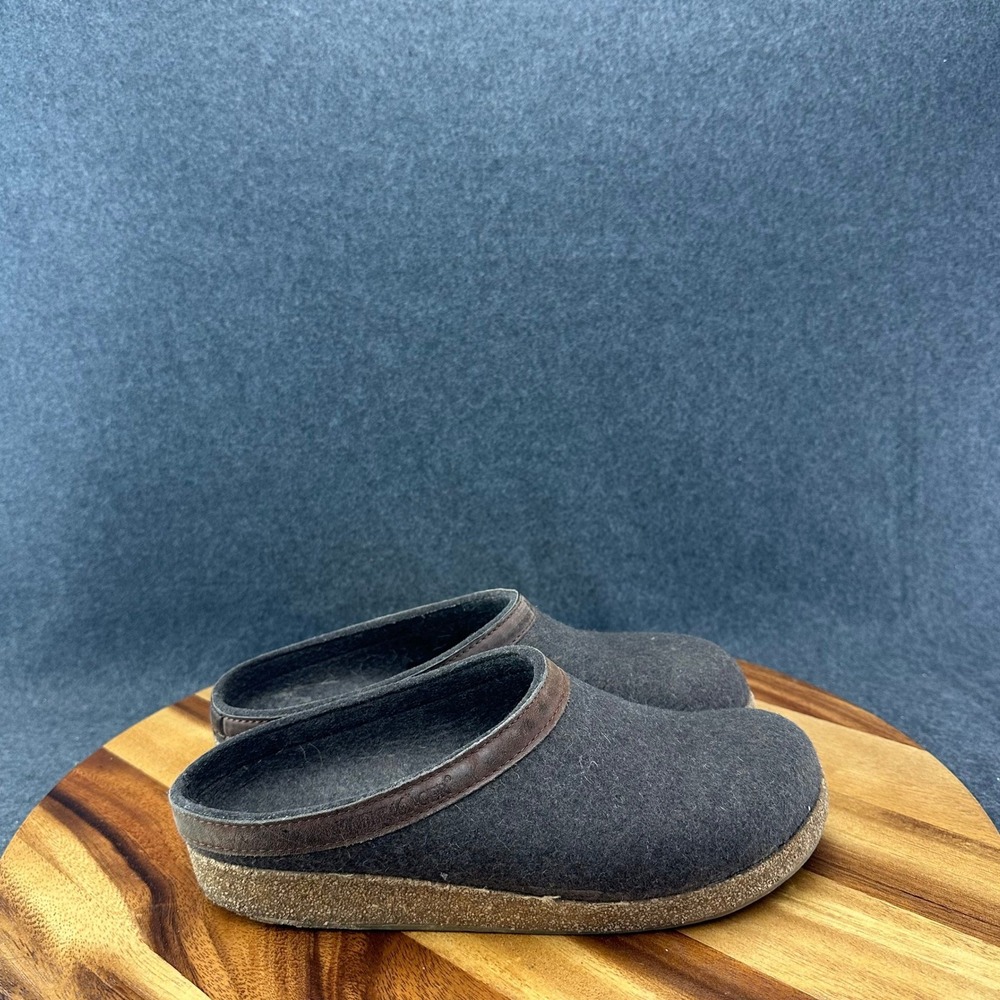 Haflinger GZ Classic Grizzly Wool Clogs Charcoal Grey Leather Trim Womens 10